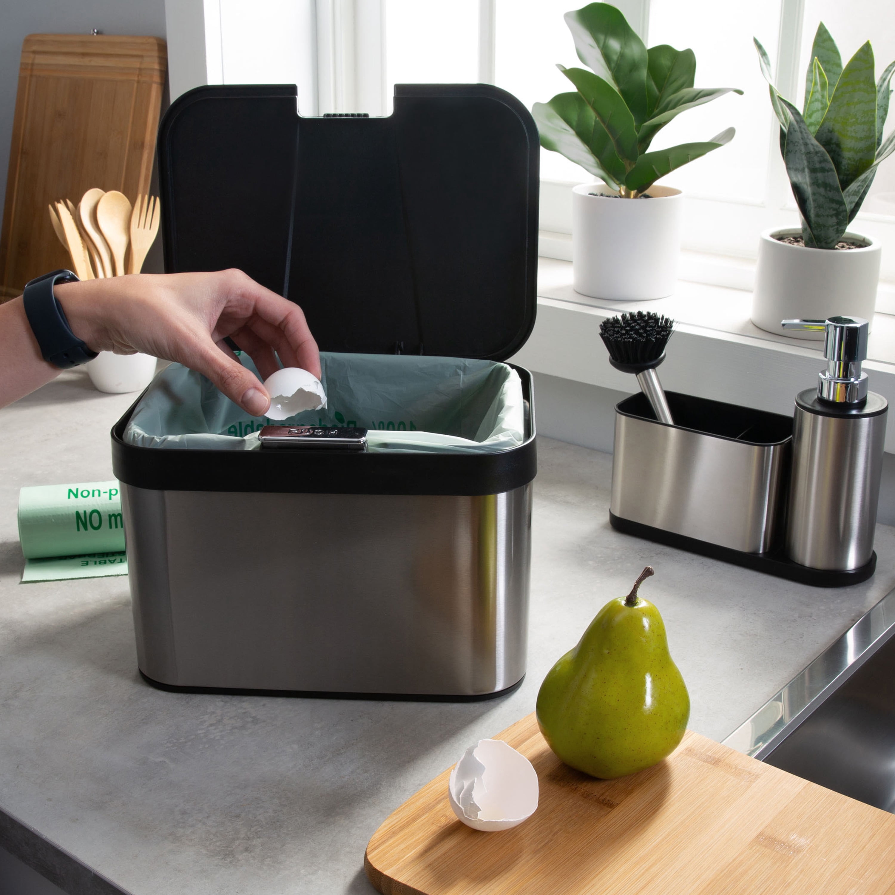Organize It All Stainless Steel Compost Bin with Biodegradable Bags, Sink Organizer & Scrub Brush