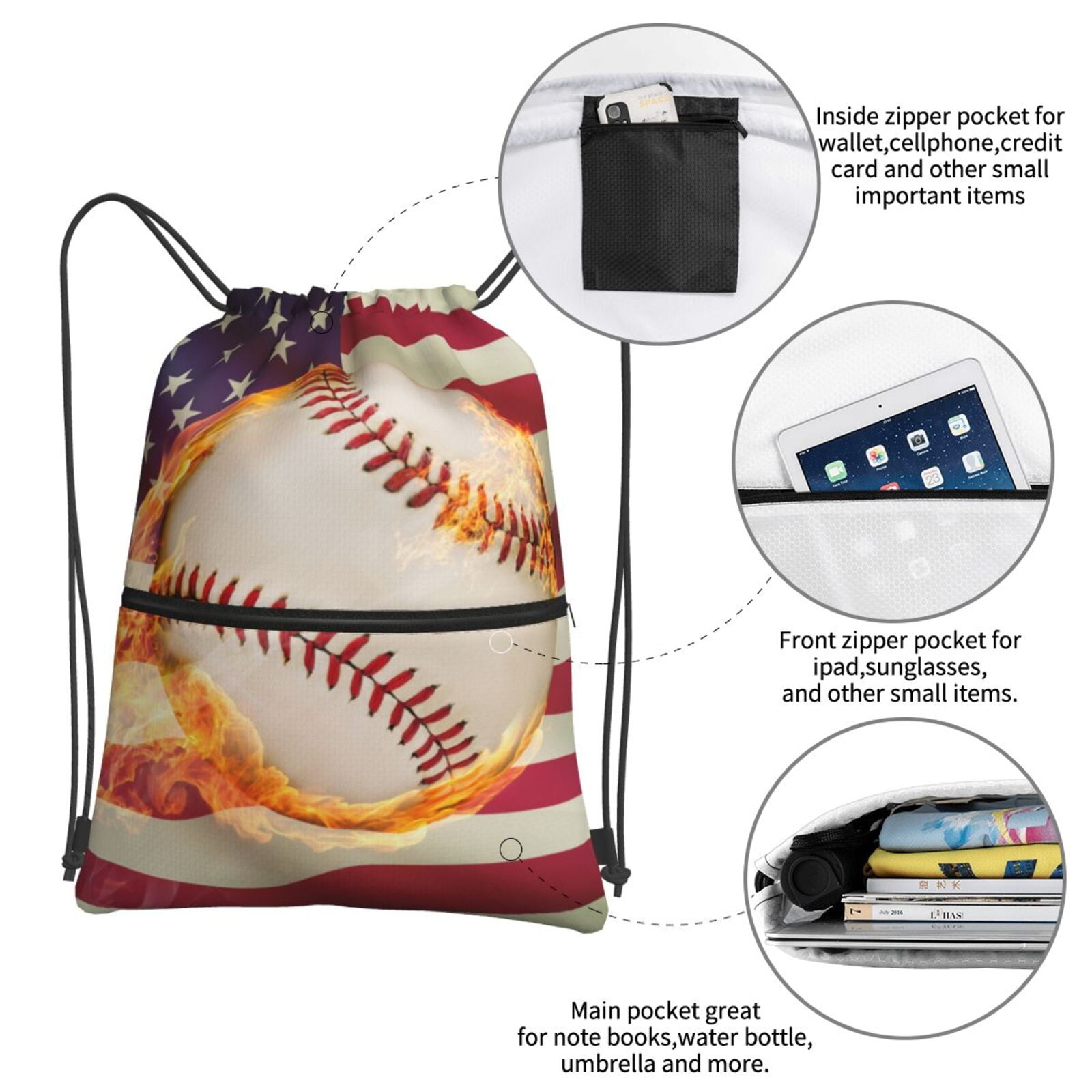 Xecao Baseball Ball With Flag for Drawstring Bags,Pull String Backpack Bags,String Bag Sackpack