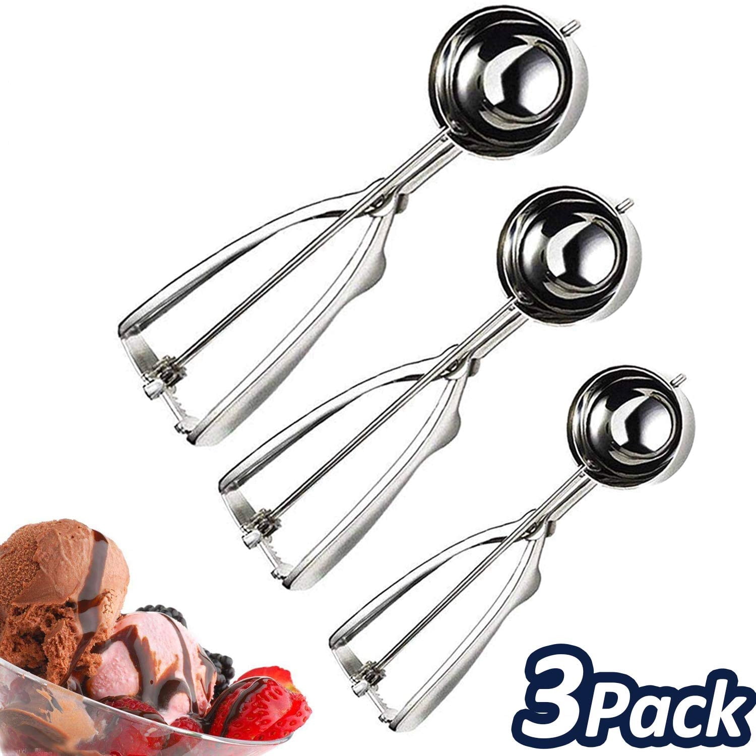 Stainless Steel Durable Ice Cream Cookie Dough Scooper for Baking Small Medium Large Size 1 1.5 2 Tablespoon Cookie Scoops Set of 3 