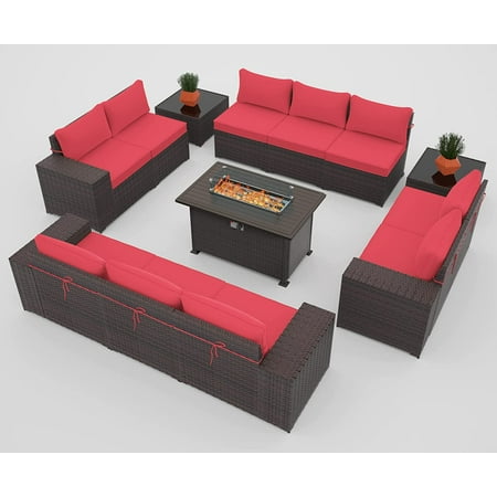 ALAULM Outdoor Patio Furniture Set with Gas Fire Pit Table 13 Pieces Outdoor Furniture Set Patio Sectional Sofa w/43in Propane Fire Pit PE Wicker Rattan Patio Conversation Sets - Red