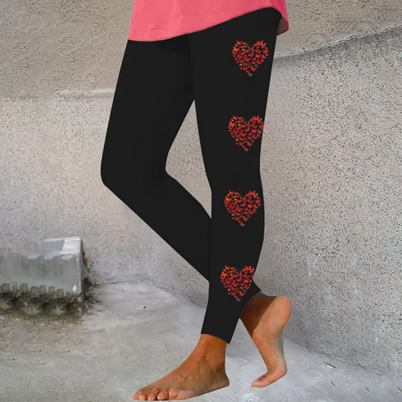 Women's Yoga Leggings Fashion Valentine's Day Heart Printed Leggings Funny Holiday Sport Elastic Pants Black L