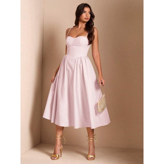 Coral Pink Spaghetti Strap Fit & Flare Midi Dress For Elegant Party, Night Out, Or Sophisticated Daywear
