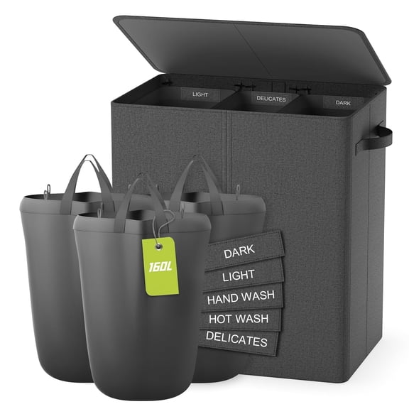 160L Large Laundry Hamper with Lid, 3 Section Laundry Sorter Basket with 3 Removable Washable Bags & Labels, Fabric Clothes Hamper for Bedroom, Bathroom, Laundry Room, Dark Gray