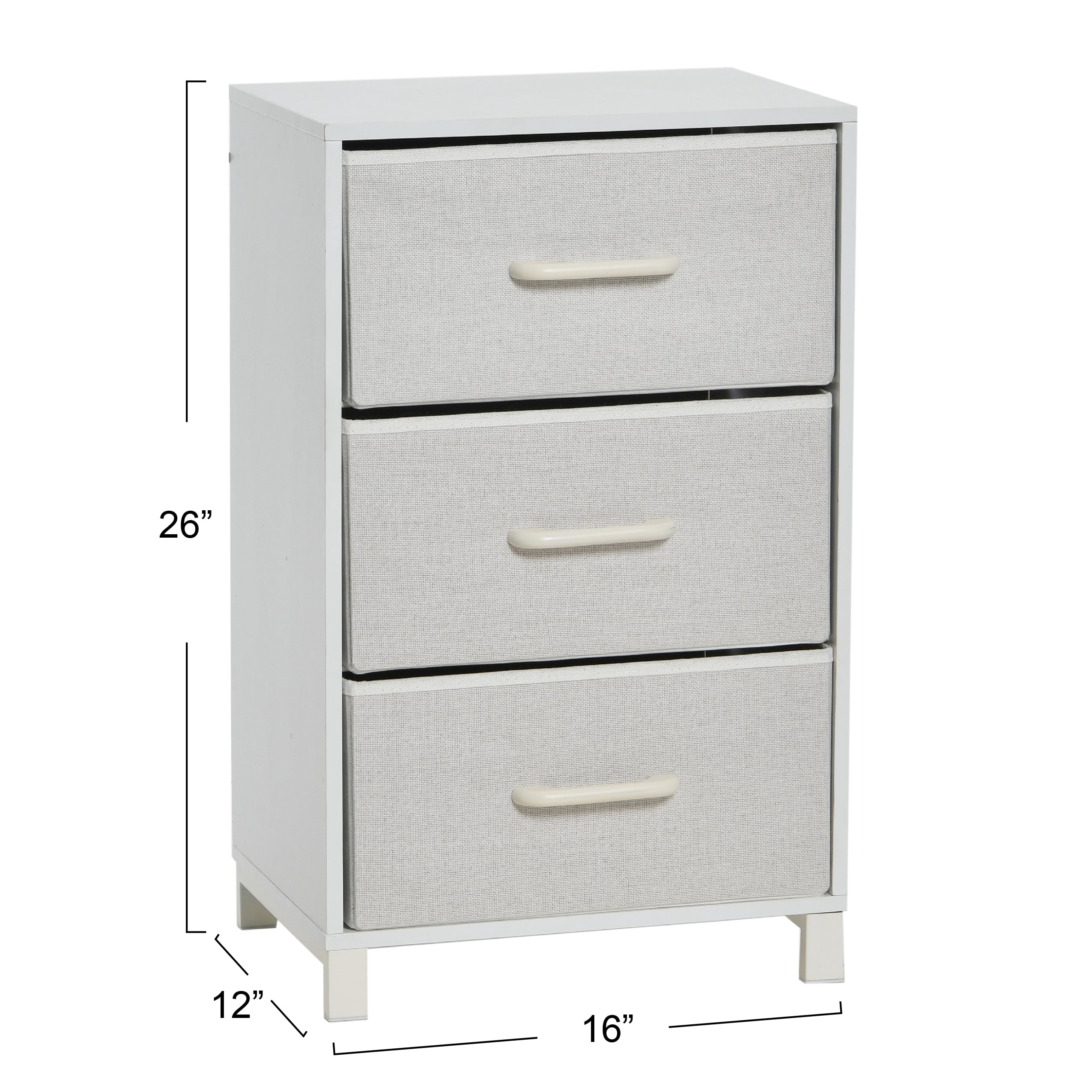 Household Essentials 3 Drawer Dresser, Narrow Storage Chest, Fabric Drawers, Wire Backing and Metal Feet, Plastic Handles, Scandinavian White Laminate