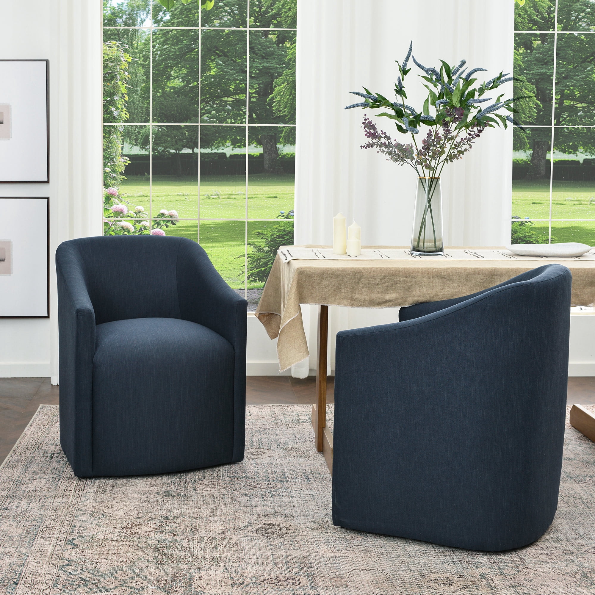 KINWELL 25" Wide Upholstered Dining Chairs with Casters Set of 2, No Assembly Modern Performance Fabric Barrel Back Rolling Dining Armchair for Kitchen Dining Room (Indigo)