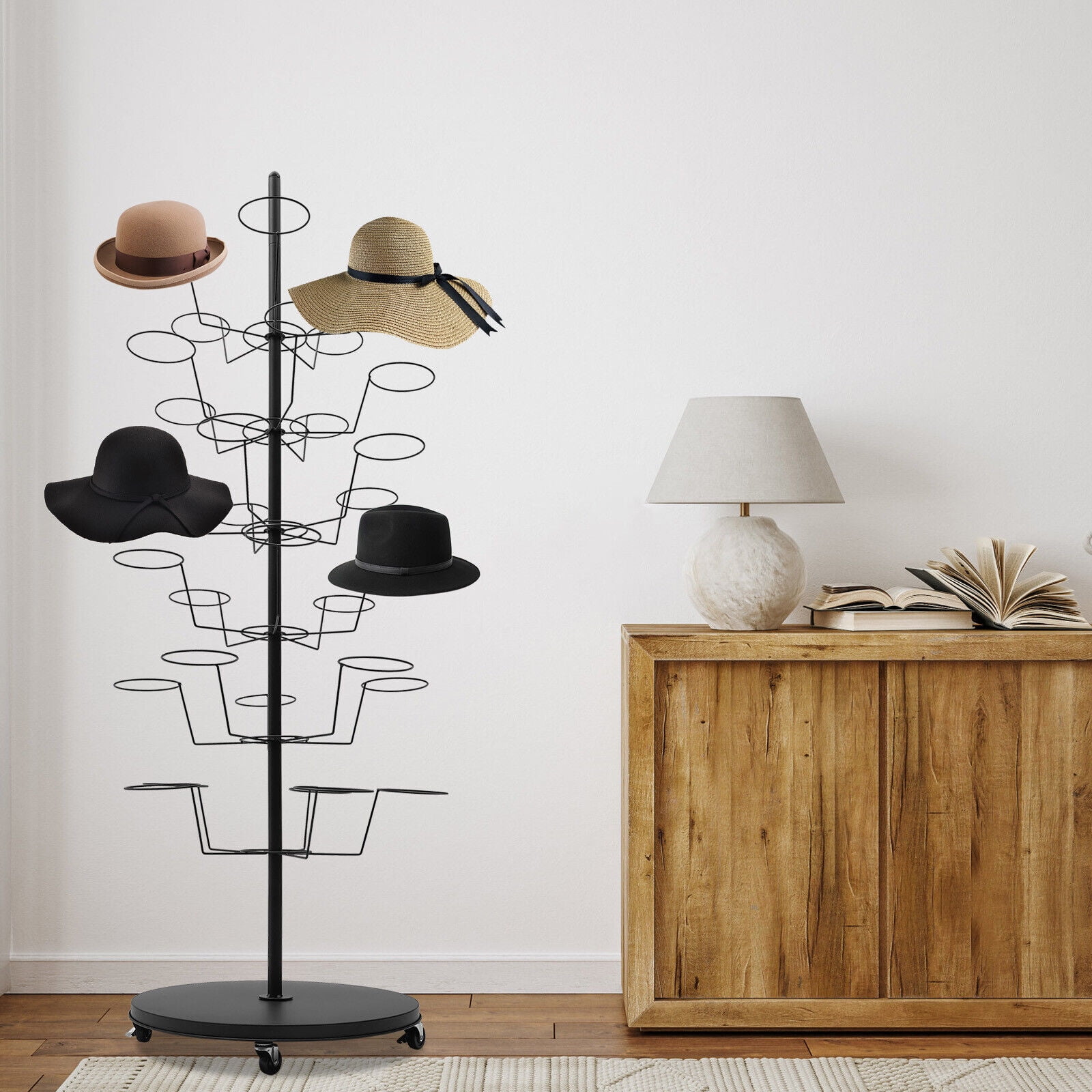 FETCOI 6 Layers Metal Hat Display Rack 30 Hats Cap Rotating Storage Stand  w/Wheels