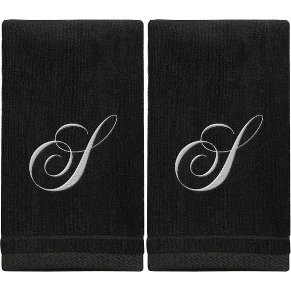 Monogrammed Towels Fingertip, Personalized Gift, 11 x 18 Inches - Set of 2 White Embroidered Towel - Extra Absorbent 100% Cotton - Soft Velour Finish - For Bathroom/ Kitchen/ Spa - Initial S (Black)