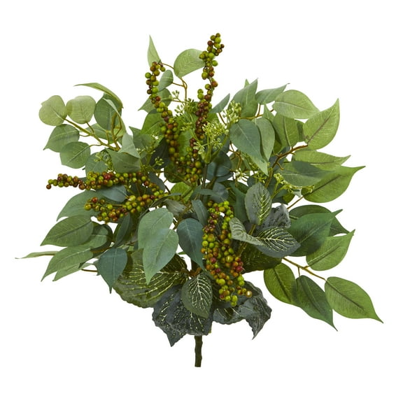 Nearly Natural 14in. Mixed Ficus, Fittonia and Berries Bush Artificial Plant (Set of 6), Green