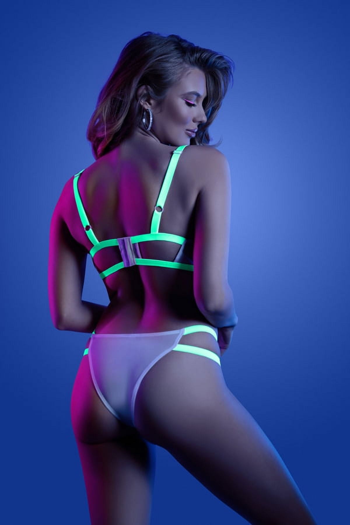 GLOW in the Dark Cage Bra Panty Set💋Choker Strappy Neon Rave Sexy Lingerie