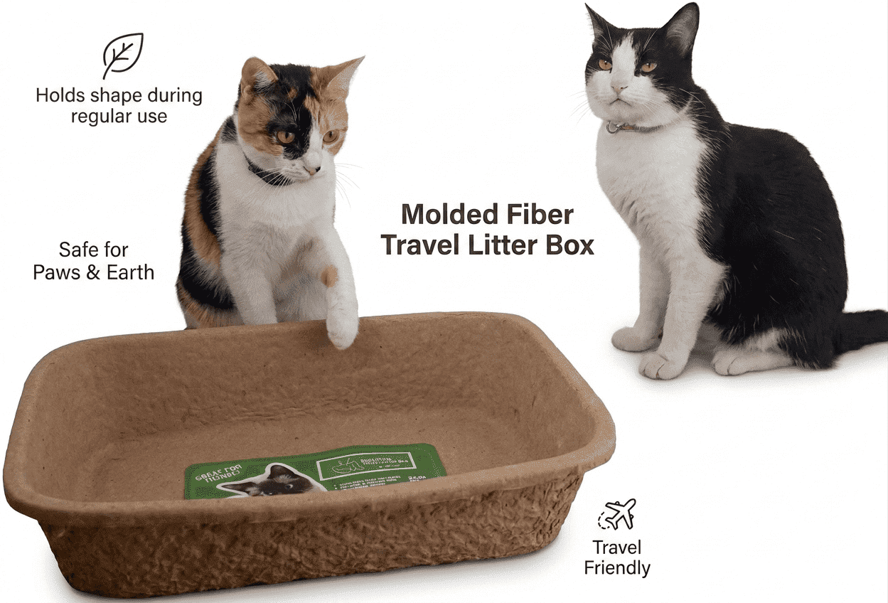 Word Travel - Friendly Disposable Cat Litter Box - 5 Pack Small Molded Pulp Single Use Easy Clean.