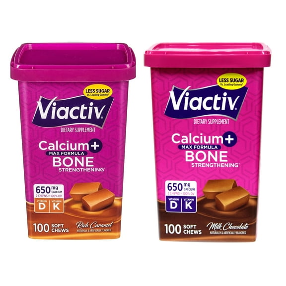 Viactiv Max Formula Calcium  Vitamin D3 Supplement for Bone Health, Rich Caramel and Milk Chocolate, 100 Soft Chews Each