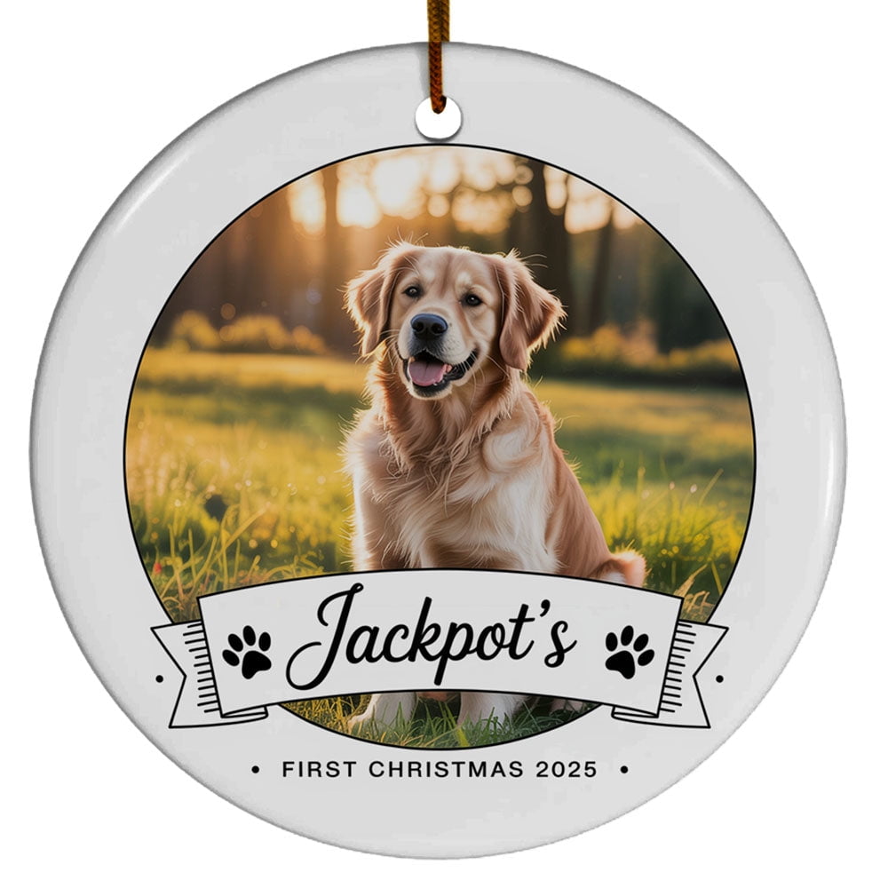 Custom Name Text Dog First Christmas Ceramic Ornament - & Photo for Baby, Cat - Pet 1st Christmas Gifts for Lovers Add Photo Ornament 2025, Christmas Ornament 2025