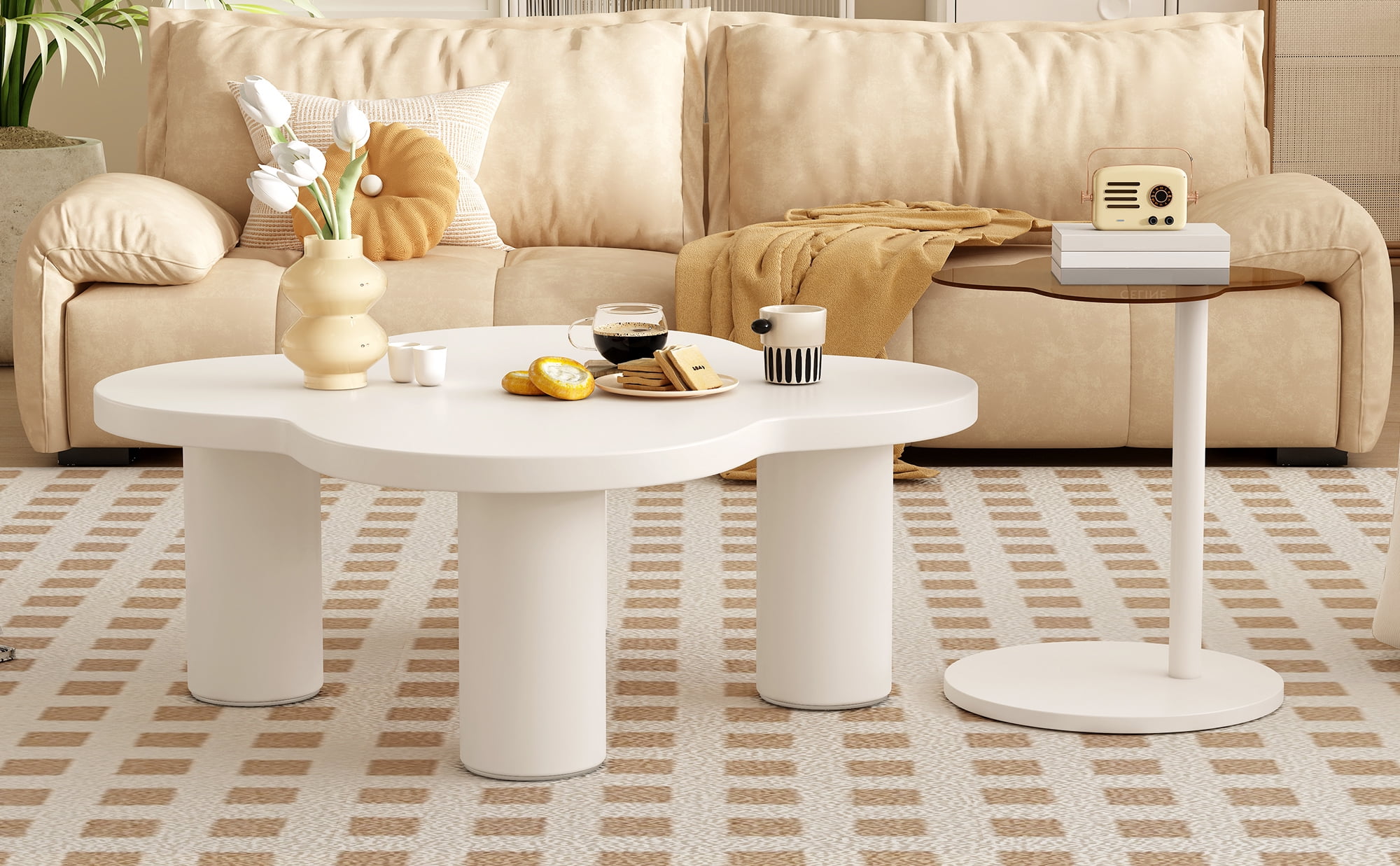 Euroco Modern Petal-Shaped Nesting Coffee Table Set with Glass & Solid Surface Tops