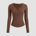 thumbnail image 7 of Htigea 2 Packs Womens Long Sleeve Tshirt Slim V Neck Button Henley Shirts Fall Base Layer Tops Brown L, 7 of 7