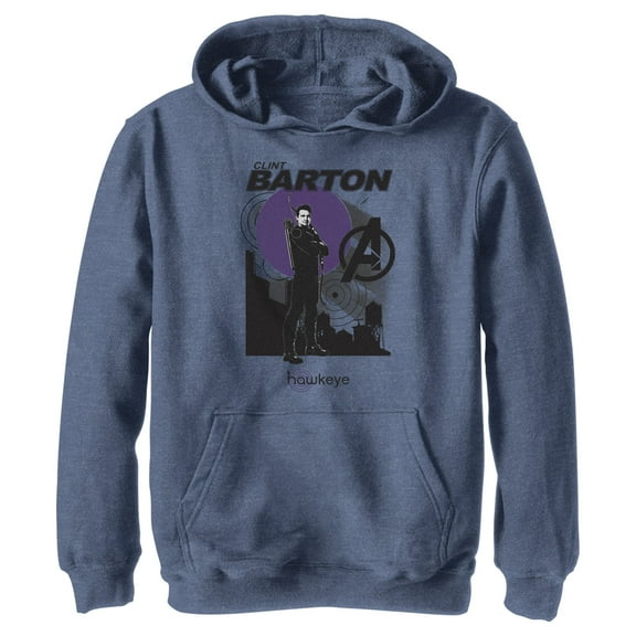Boy's Marvel Hawkeye Clint Barton Portrait Pull Over Hoodie Navy Blue Heather Small