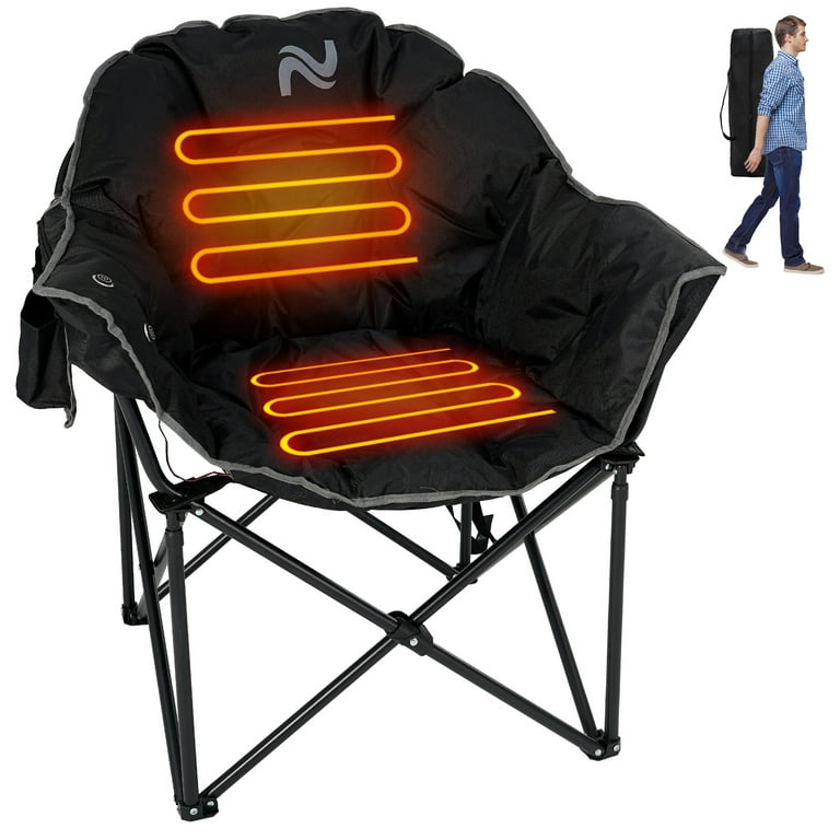 Slsy Oversized Heated Camping Chair XL Padded Patio Lounge Chairs with 3 Heat Levels Portable Folding Heated Chair Round Moon Saucer Folding Lawn