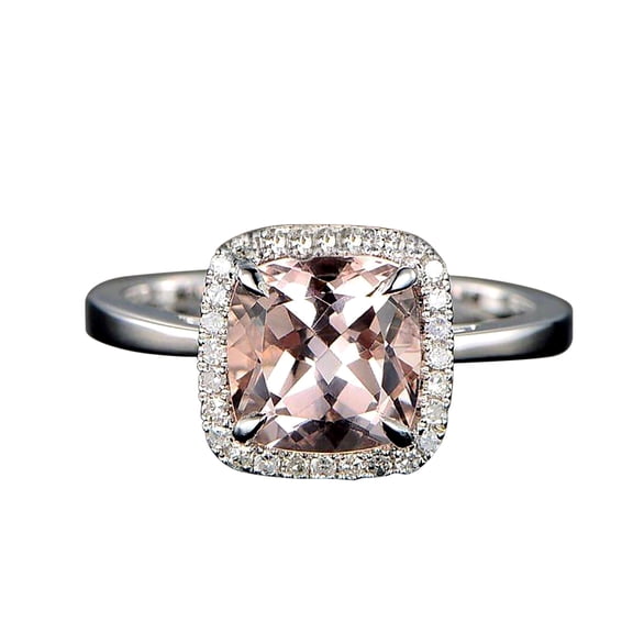 1.25 Carat Cushion Cut Peach Pink Real Morganite and Man made diamond moissanite Halo Engagement Ring on Sterling Silver with 18k Gold Plating