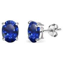 Created Blue Sapphire 6x4mm Oval-Cut Solitaire Sterling Silver Stud Earrings