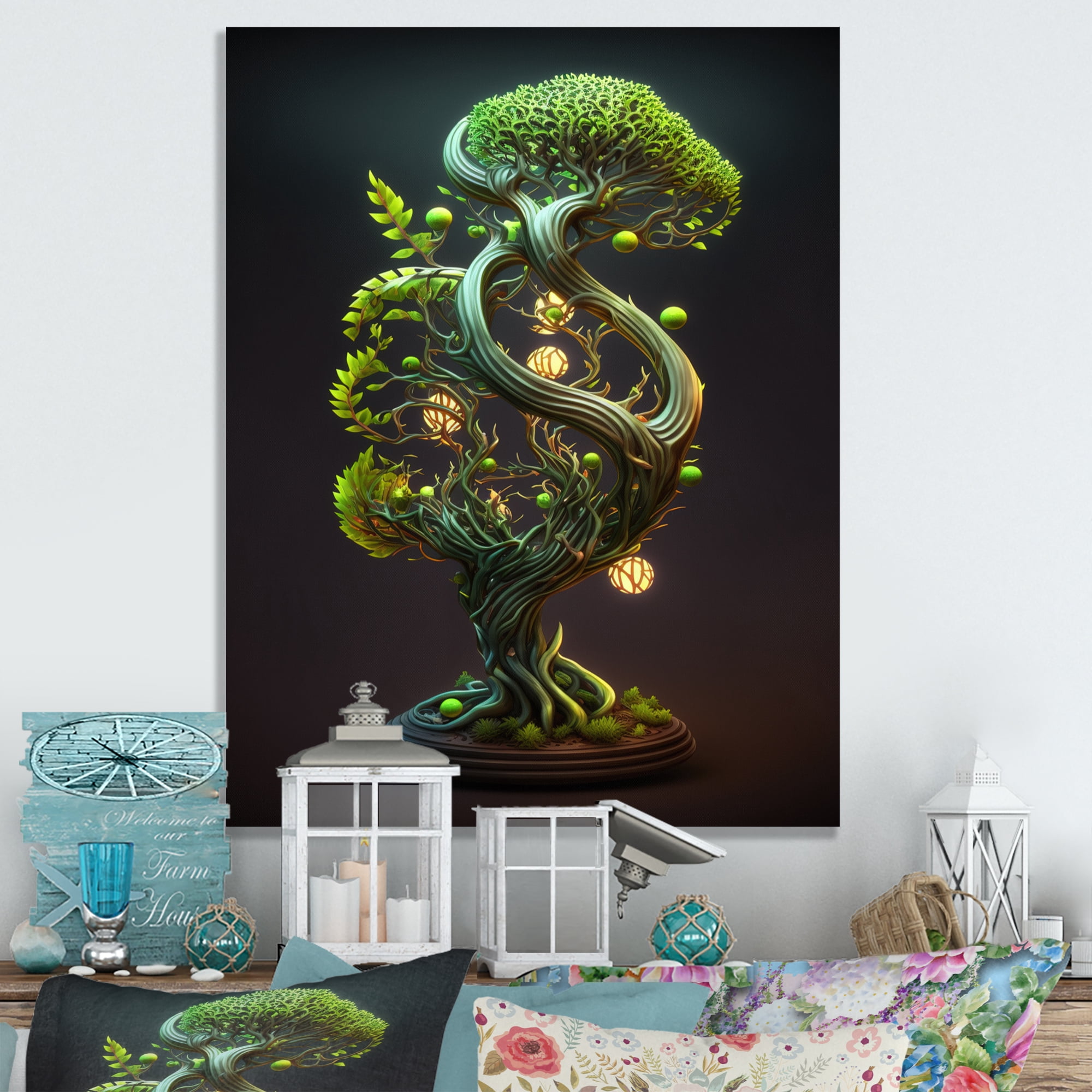 Designart Neon Bonsai Swirl Tree II Canvas Wall Art