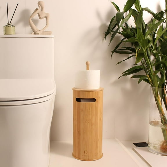 Toilet Paper Stand with 3-Roll Tissue Holder for Boho Bathroom, Free Standing Bamboo Toilet Paper Holder, Wood Toilet Paper Storage with Lid