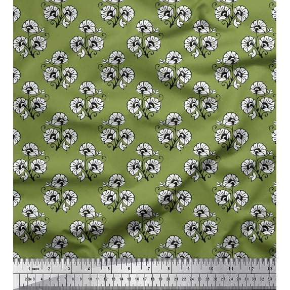 Soimoi Poly Georgette Fabric Leaves & Floral Block Printed Fabric 1 Yard 52 Inch Wide