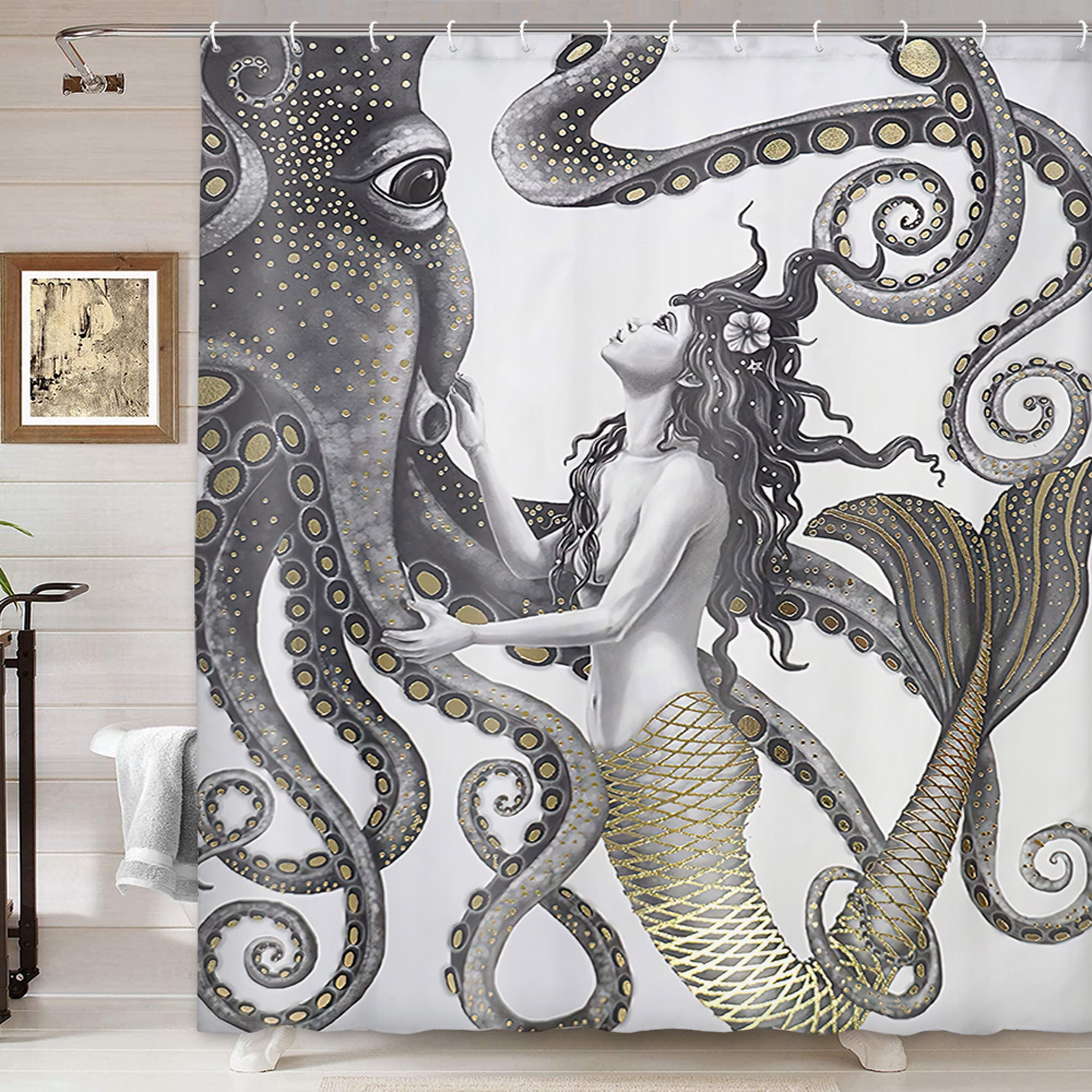 Mermaid with Long Hair Ocean Wild Animals Waterproof Shower Curtain Rugs&12 Hook 