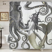 Mermaid and Octopus Shower Curtain, Abstract Ocean Nautical Fantasy Animals Decorative Bathroom Fabric Polyester Shower Curtain, Artistic Boho Farmhouse Mystic Shower Curtains, 70X70IN