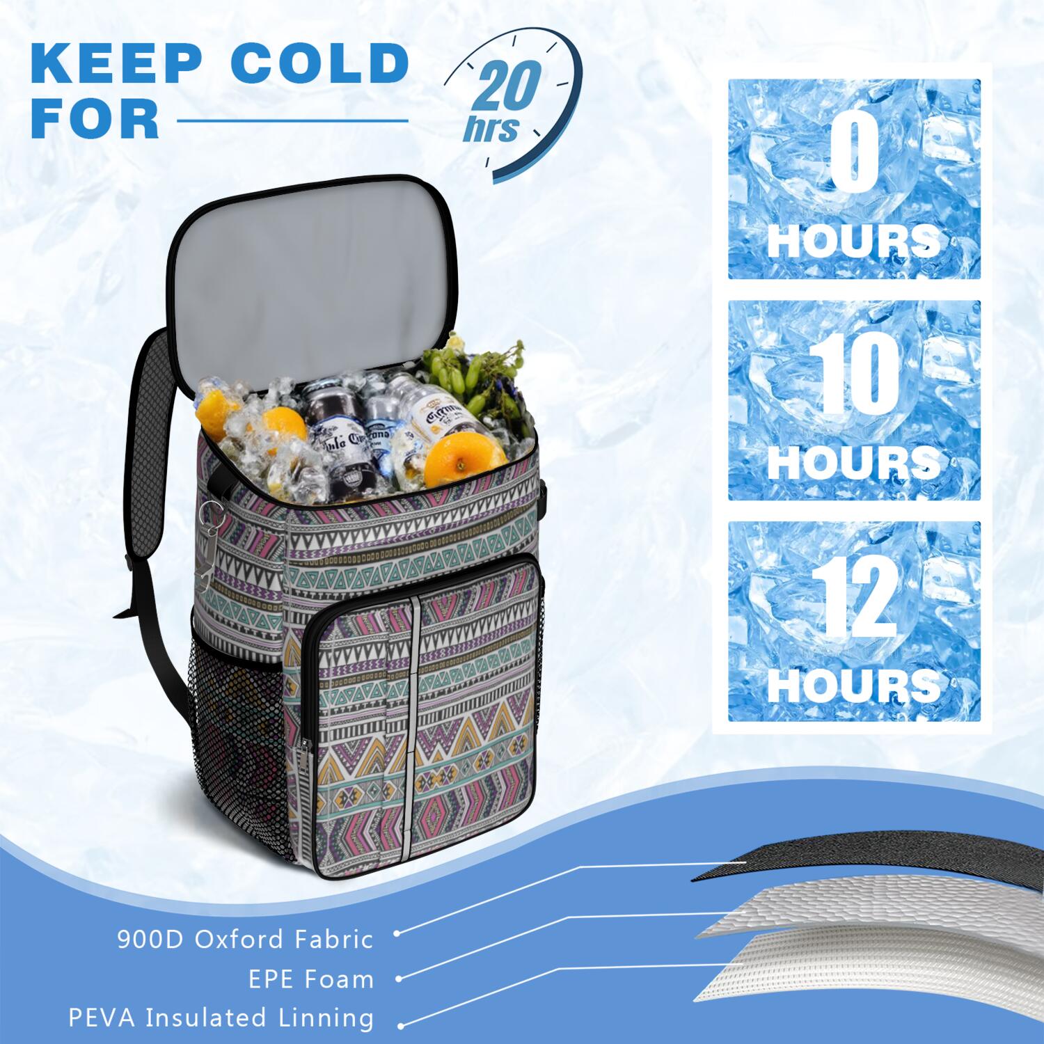 Travel Cooler Bag - Boho Bohemia Pioneer Flower Geometric Line Art Camping Beer Cooler Backpack with Bottle Opener- Waterproof Insulated Picnic Backpacks - Cooler Bag for Beach