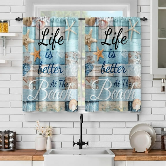 Beach Theme Kitchen Curtains: Summer Ocean Sea Shells Fish Fishing Short Cafe Curtain Modern Decor for Dining Room Tropical Tier Curtains Rod Pocket Window Drapes 24Inch Length 2 Panels Set