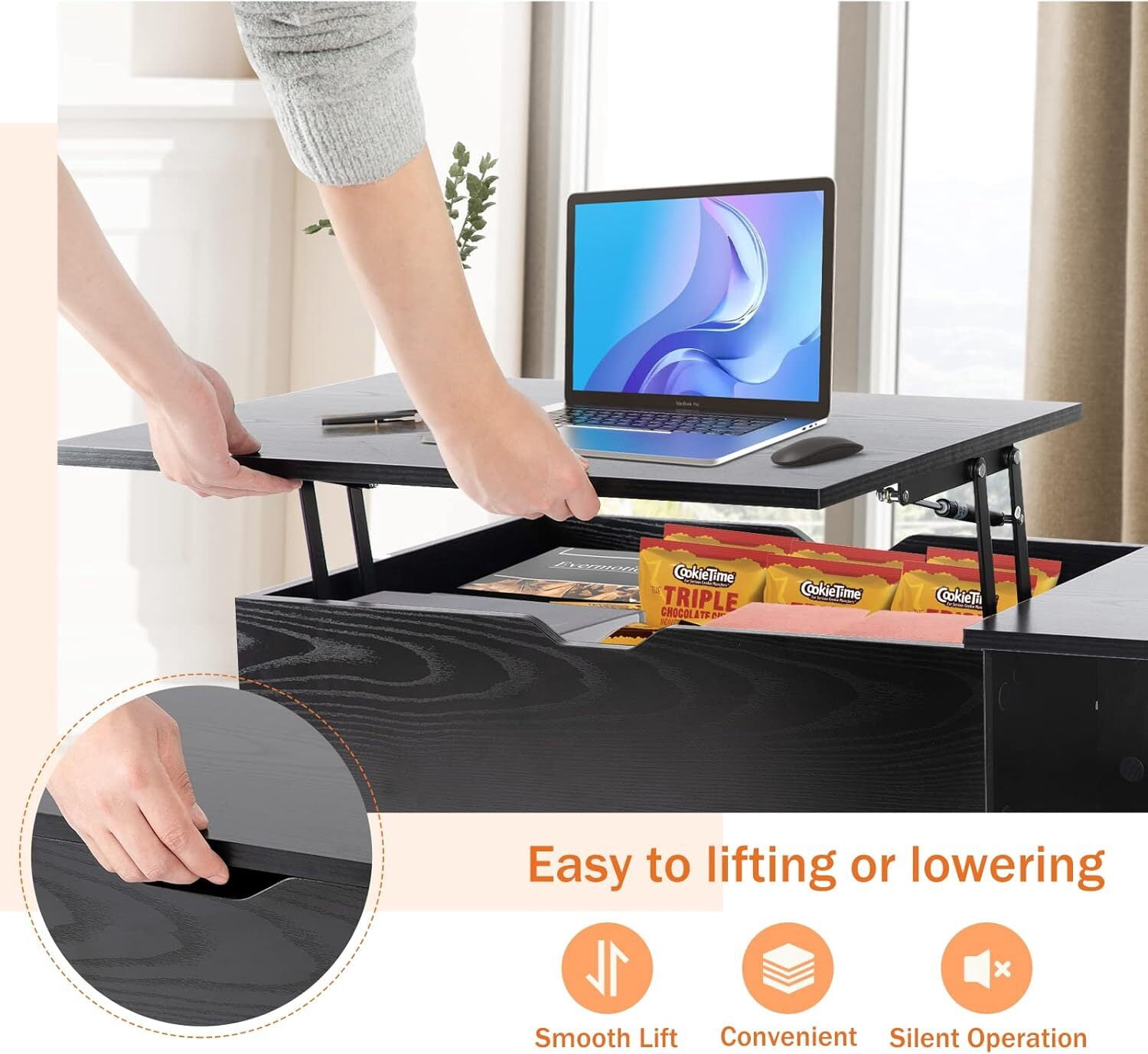 AENKYO Coffee Table, Lift Top Coffee Tables for Living Room with Storage Shelf and Hidden Compartment,Black