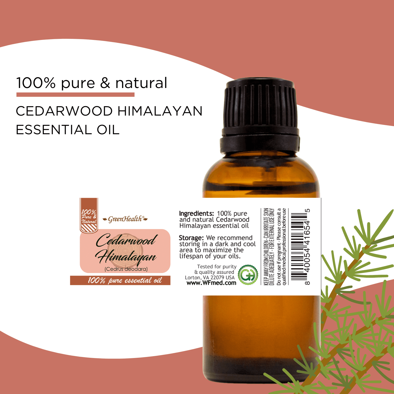 GreenHealth 100% Pure Cedarwood (Himalayan) Essential Oil, 32 fl oz Aluminum Bottle with Locking Cap