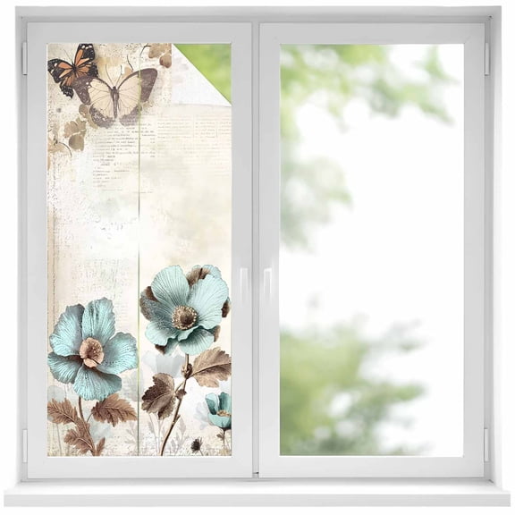 Retro Mallow Flowers Window Privacy Film, Spring Floral Butterfly Elegant Static Cling UV Sun Blocking Heat Control Window Tint Day and Night, Non-Adhesive One Way Windows Privacy Cover 17.7''x39.3''