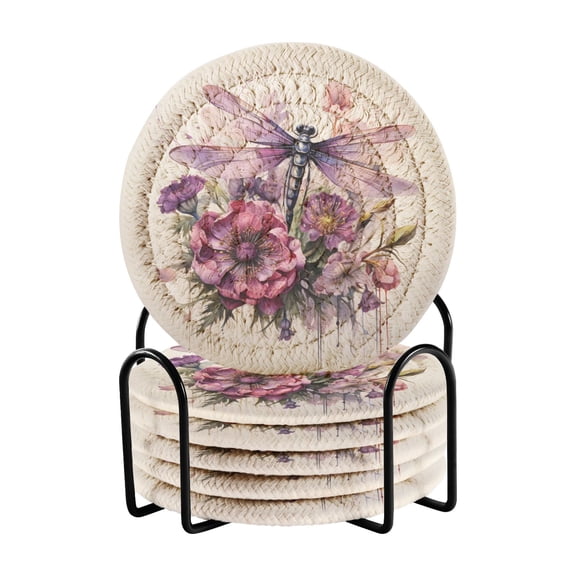 Dragonflies and Flowers 6 Pcs Drink Coasters with Holder Absorbent Coasters Woven Coasters for Drinks Table Desk Protection Home Decor