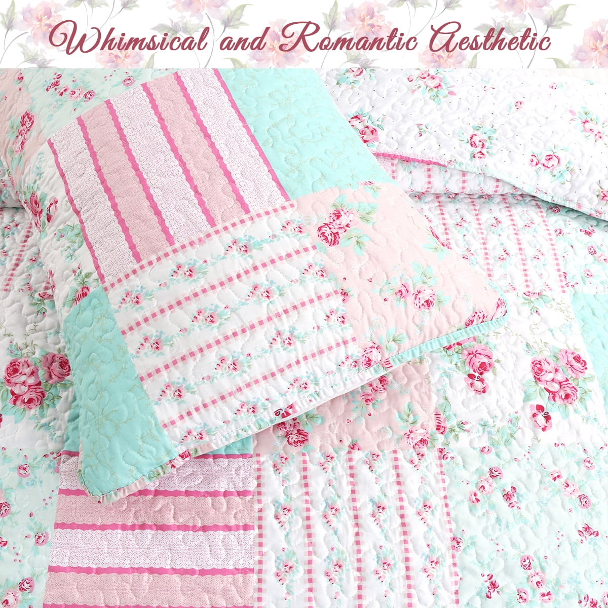 Cozy Line Pink Garden Floral Pink Blue Reversible 3-Piece Quilt Bedding Set, King Set
