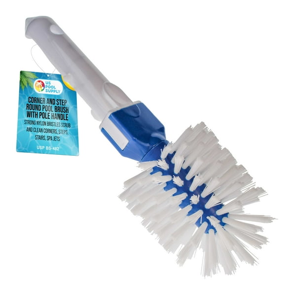 U.S. Pool Supply Corner and Step Round Pool Brush with Pole Handle - Nylon Bristles Scrub and Clean Corners, Steps, Stairs, Spa Jets - Remove Debris, Connect 1-1/4" Poles, Safe for Vinyl Liners