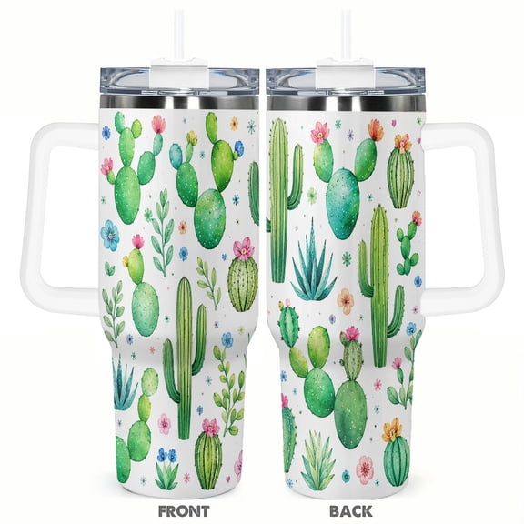 40oz Cactus Floral Insulated Tumbler with Handle and Straw Lid Watercolor Succulent Insulated Car Cup Holder Friendly Gift
