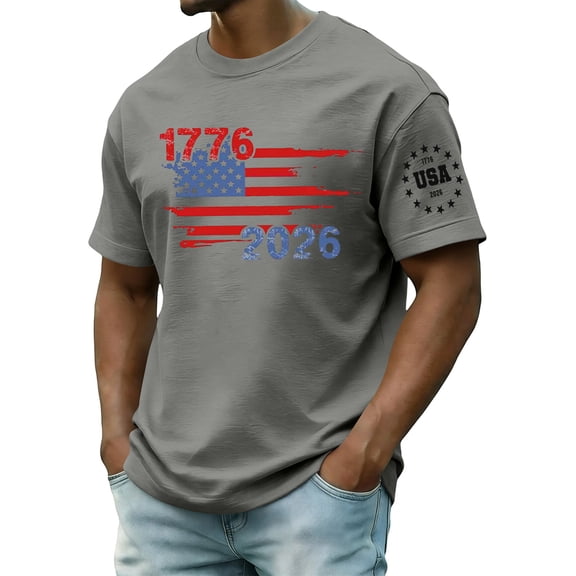 Kopltyrfg 250 Anniversary USA T-Shirt Men 2026 American Flag Tee Tops Short Sleeve Crewneck Independence Day 4th of July Patriotic Top Gray XL