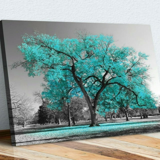 Jlong Teal Tree Canvas Wall Art Turquoise and Grey Tree Blossom Picture