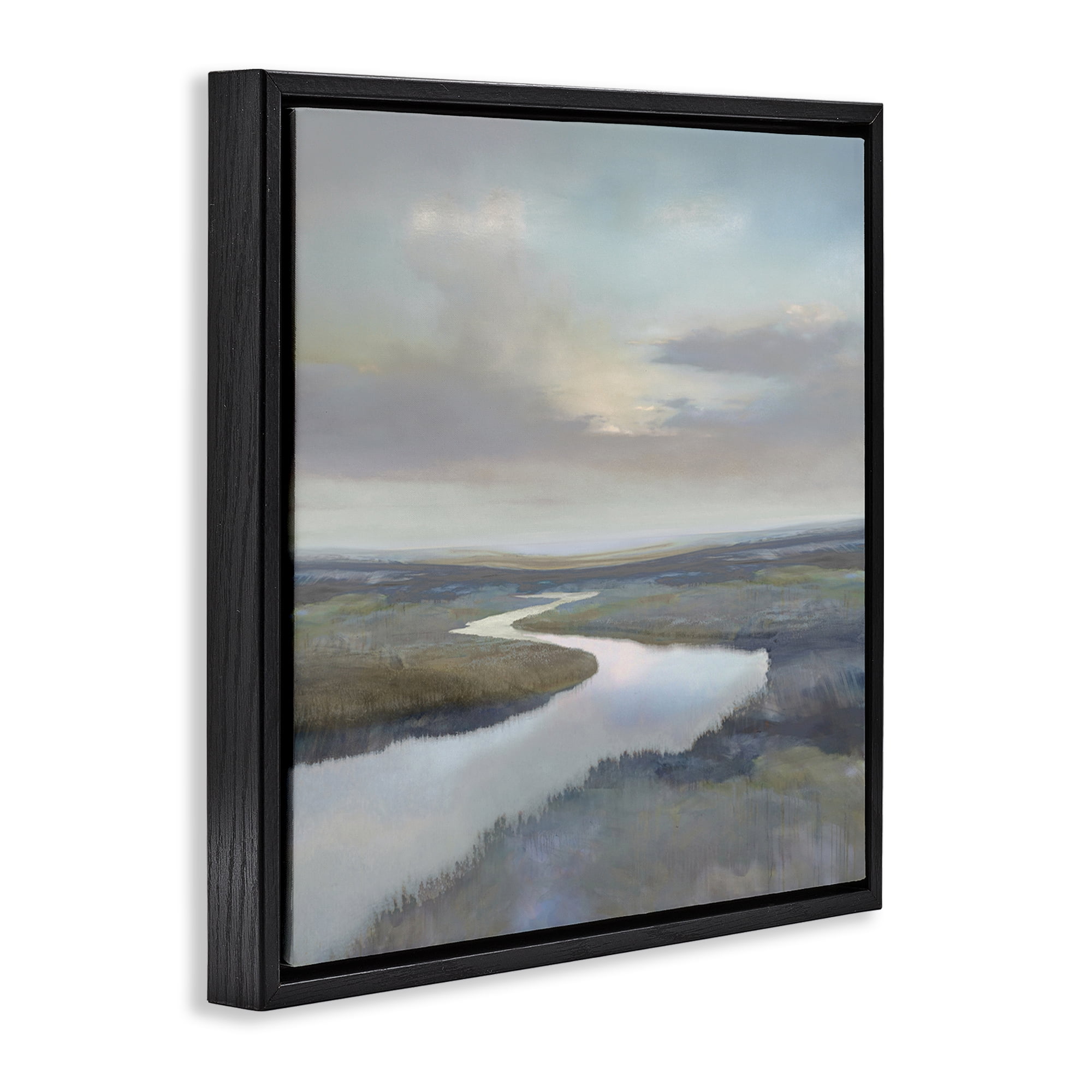 Stupell Industries Calm Riverbend in Greys Black Framed Floater Canvas Wall Art, design by Christy McKee