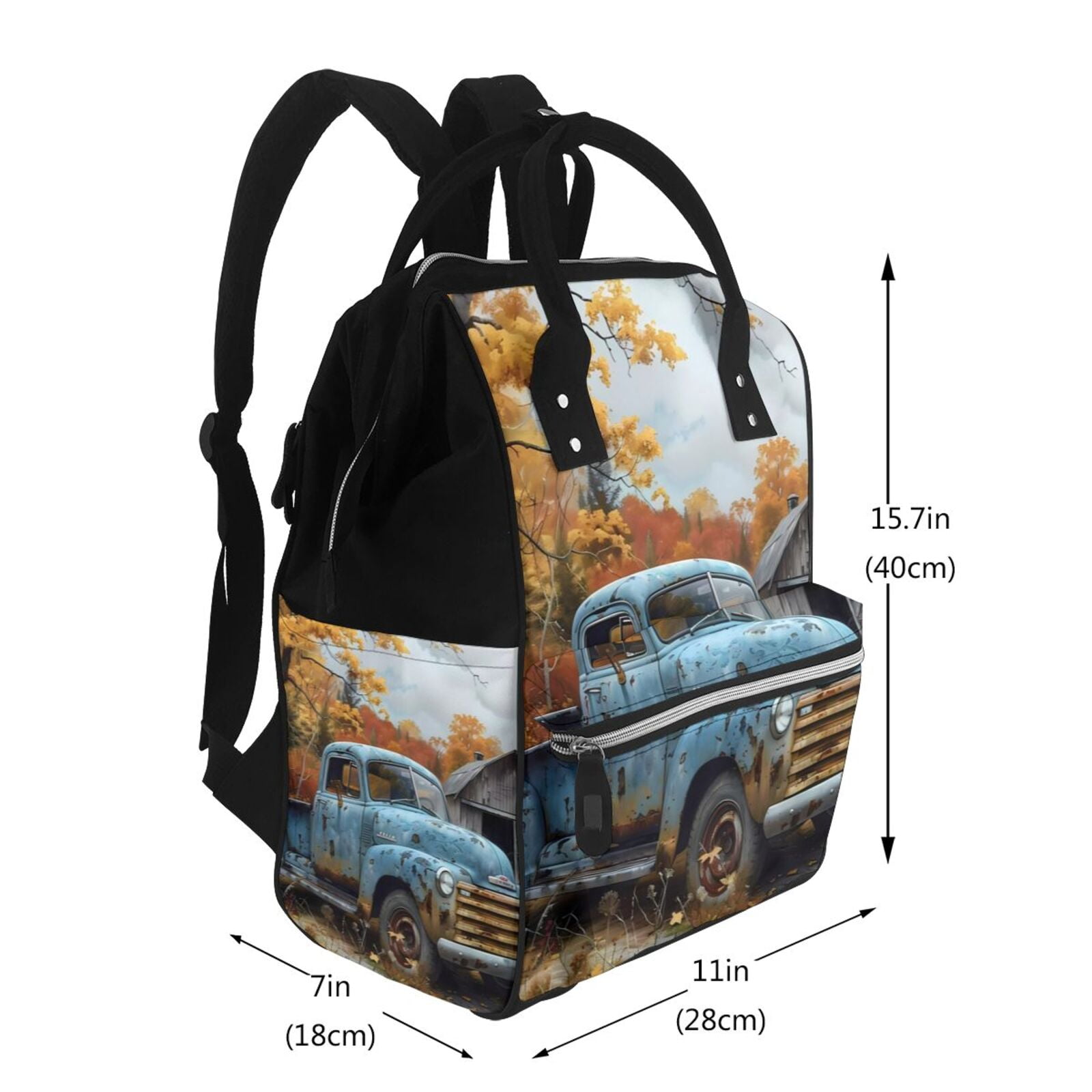Fuzoiu Rustic Vintage Truck Autumn Print Diaper Bag Backpack,Baby Essentials Travel Tote,Multi function Waterproof Diaper Bag, Travel Essentials Baby Bag - Unisex