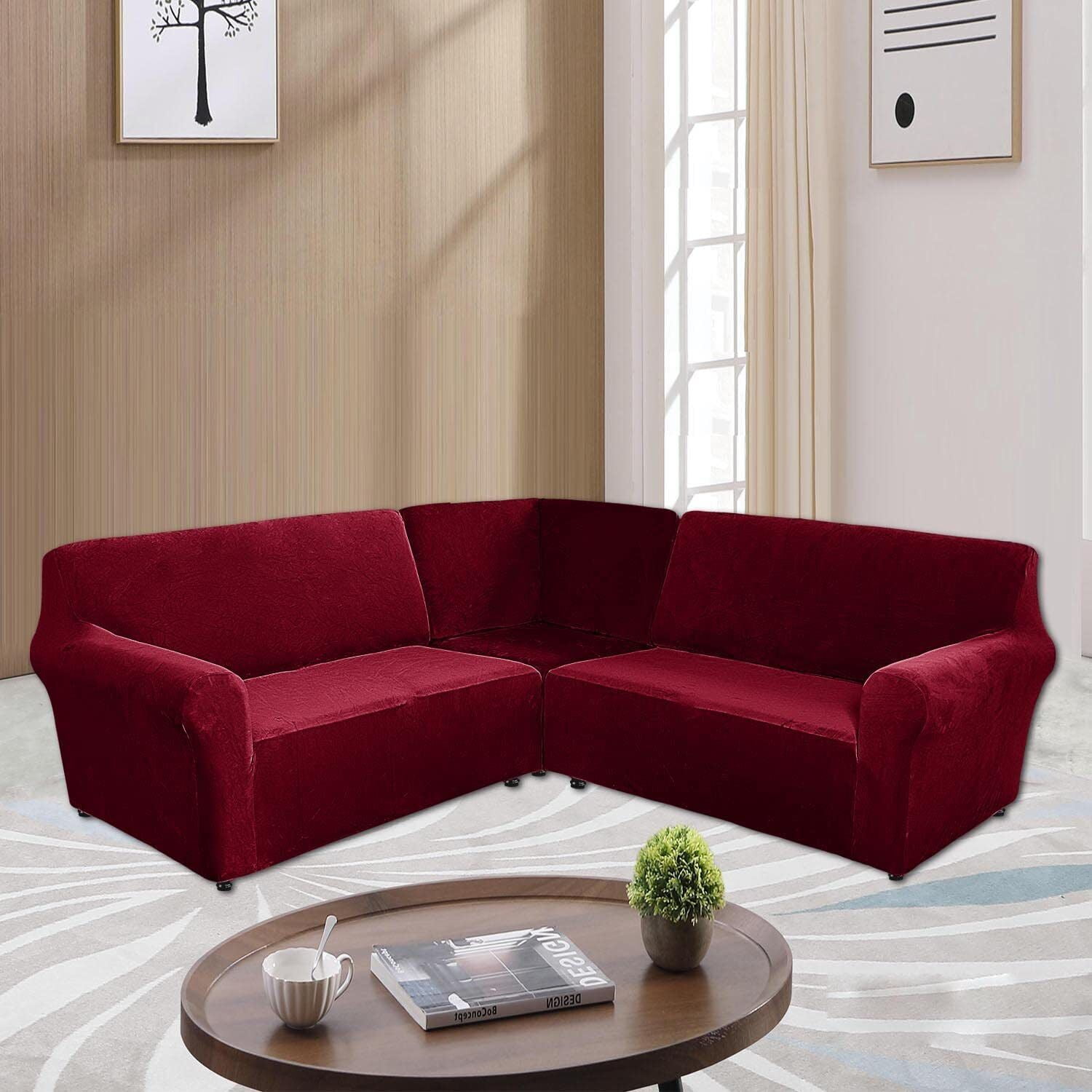 TOPCHANCES 3-Piece Velvet Recliner Sofa Covers, 7 Seat L-Shaped Corner Sofa Covers, Stretch Sectional Couch Slipcover ( Wine Red )