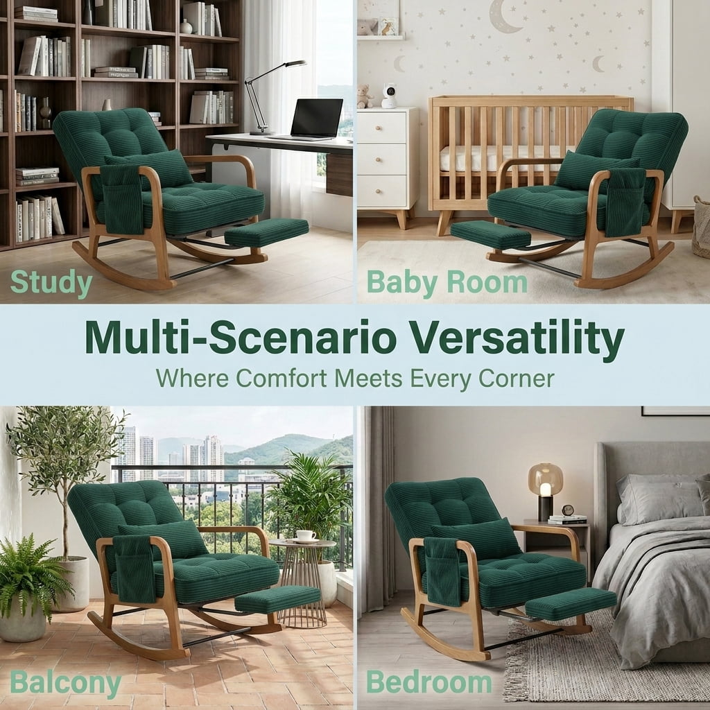 MOONMISS Rocking Chair with Footrest,Rocker Nursery Chair with Side Pocket,Glider Rocker,Accent Reading Chair for Living Room,Green