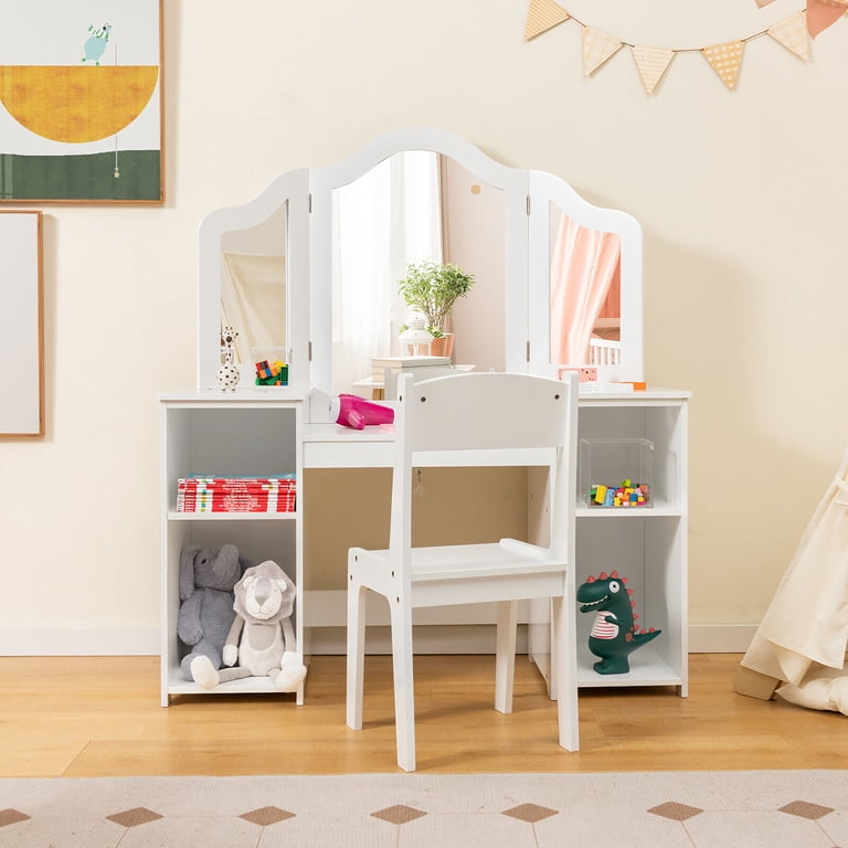 Gymax Kids Vanity Table Set, 2 in 1 Princess Makeup Desk & Chair