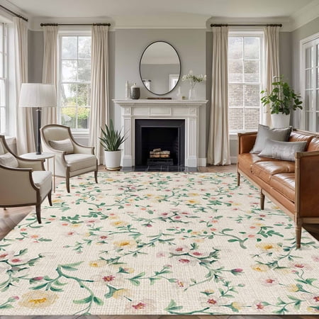 Rectangle Area Rug 5x7ft Spring Yellow Red Flower on Linen Living Room Rug Non-Slip Washable Circle Rugs Pad Watercolor Floral Leaves Soft Floor Carpet for Bedroom Dining Room