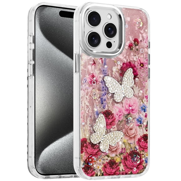 XPM for Apple iPhone 14 Pro Max Phone Case, Epoxy Glitter Flowers Bling 3D Butterfly Fashion TPU Hybrid with Shockproof Protection Cover for iPhone 14 Pro Max (Red)