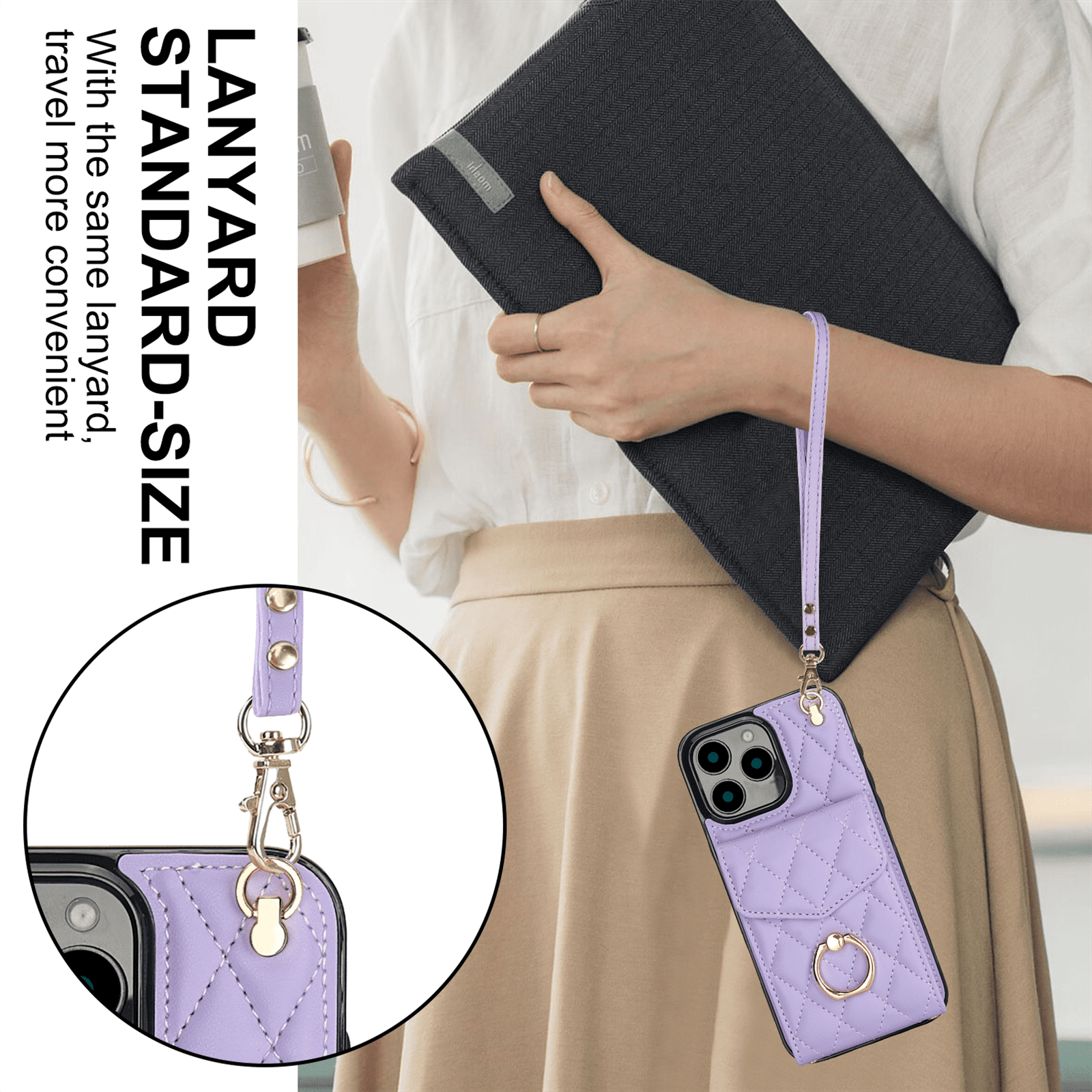 Asuwish Wallet RFID Blocking PU Leather Cell Phone Case with Tempered Glass Screen Protector, Wrist Strap for iPhone 16 Pro Max, Purple