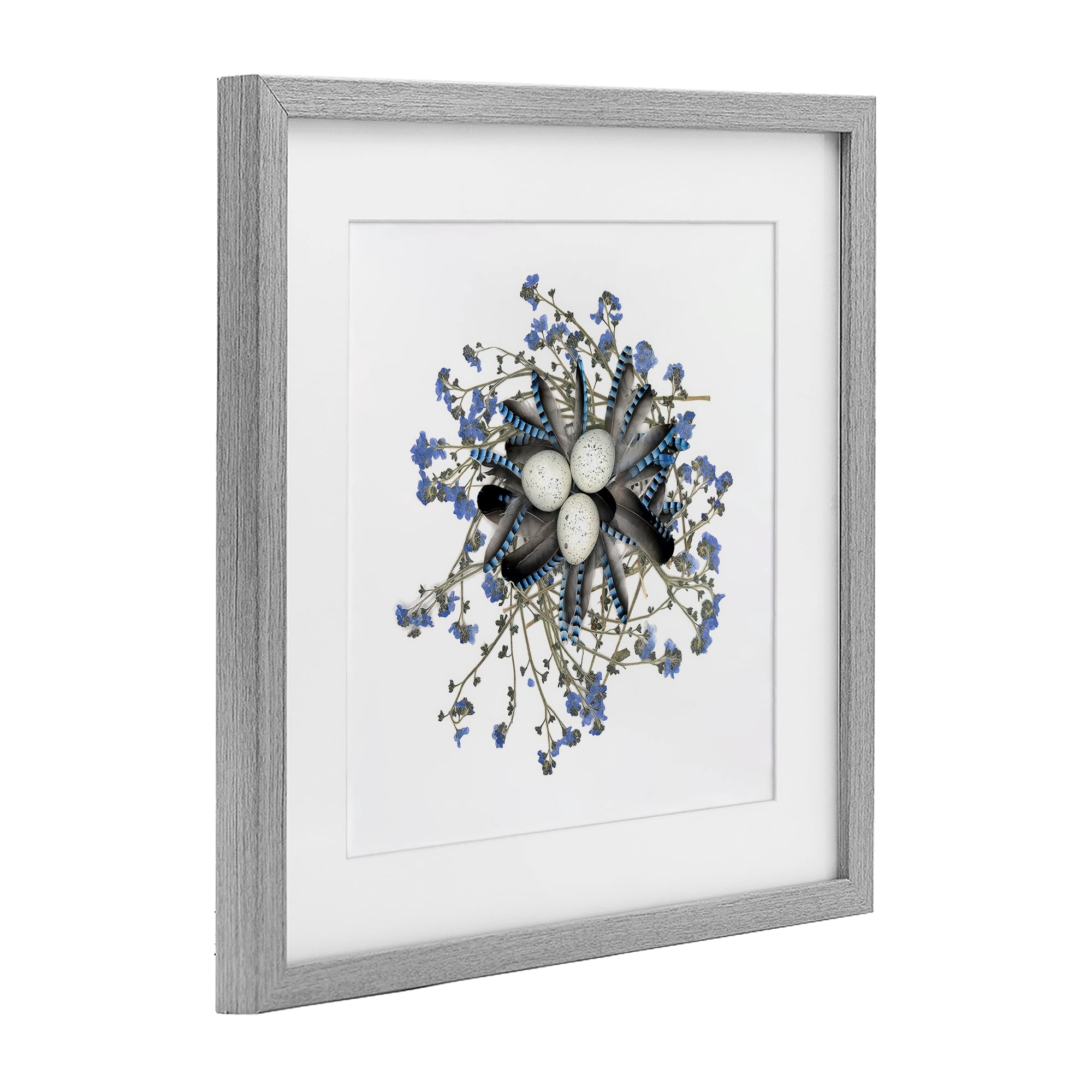 Stupell Industries Feathered Nest & Blue Florals Gray Framed Print Under Glass, design by Beth Adoette