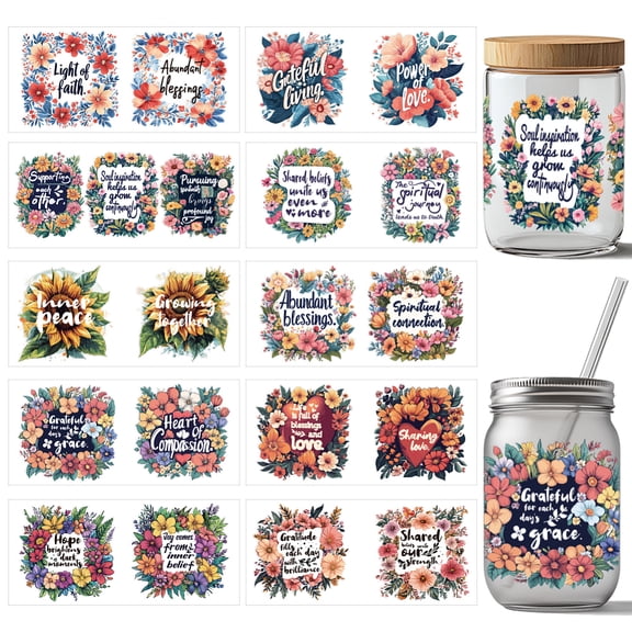 10 Sheets UV DTF Cup Wraps for 16 OZ Glass Cups 10 Styles Retro Flowers Inspiration Sunflowers Rub on Transfers PVC Transfer Stickers Waterproof Rub