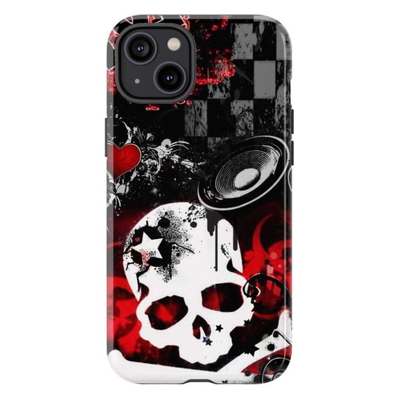 Edgy Skull and Speaker Phone Case, Black and Red Grunge Design with Hearts and Checkerboard Pattern, Protective Cover for iPhone 16 15 14 13 12 11 Pro Plus Mini