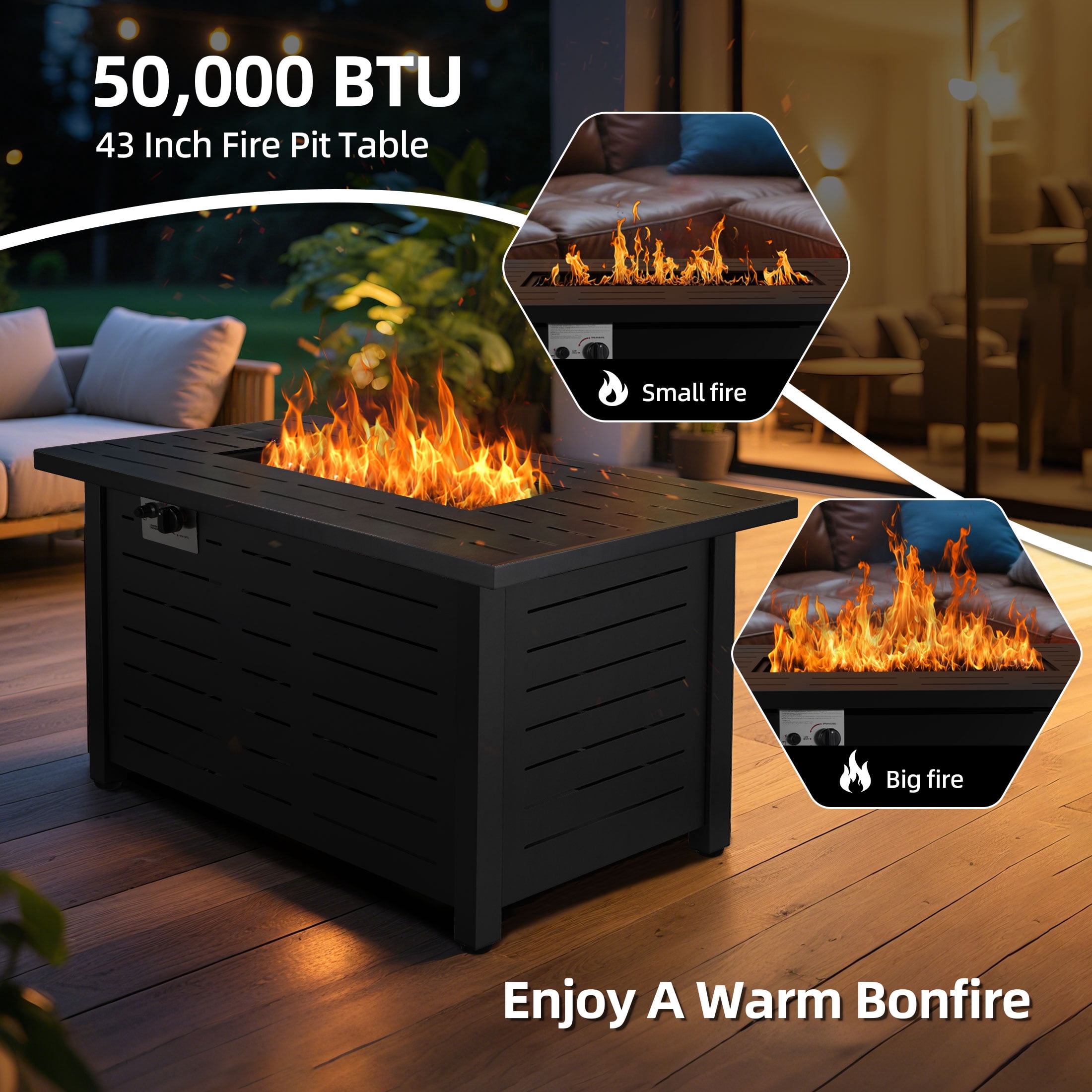 LHRIVER 43" Propane Fire Pit Table, 50,000 BTU Outdoor Windproof Gas Fire Pit with Lid, Smokeless  Glass Rocks, Cover